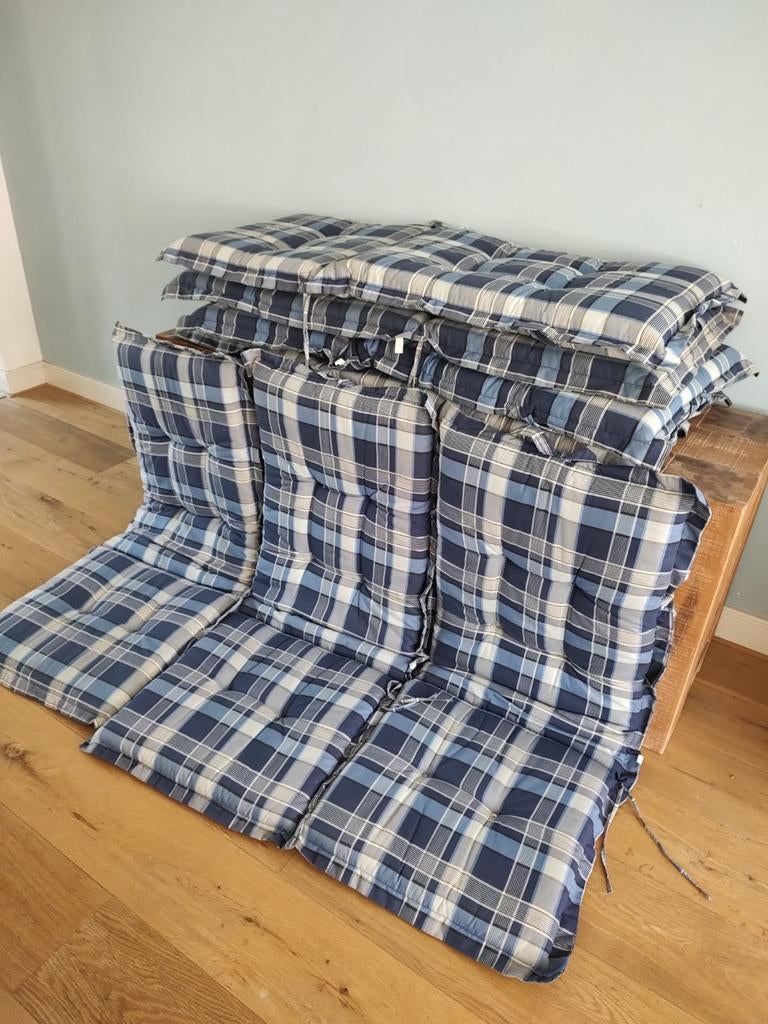 7 tuinkussens, geruit blauw/lichte tinten, Tuin en Terras, Ophalen, Gebruikt