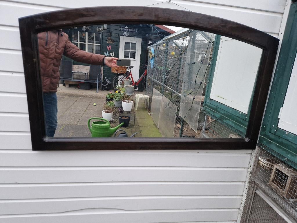 Uniek brede half ronde spiegel brocante strakke eiken lijst., Ophalen of Verzenden, Zo goed als nieuw, Rechthoekig