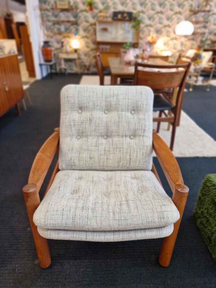 Vintage fauteuil Deens design 70s, Huis en Inrichting, Fauteuils, Gebruikt, Hout, 50 tot 75 cm, 75 tot 100 cm, Ophalen