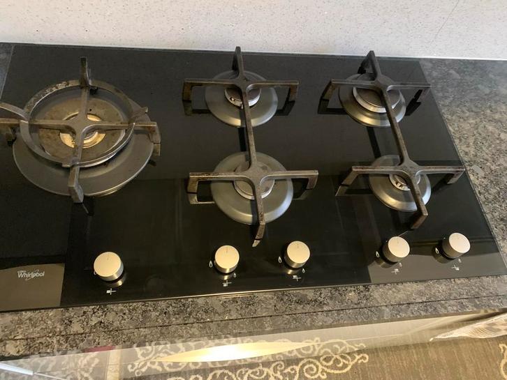 Whirlpool 4-pits gaskookplaat - Zwart glas, Witgoed en Apparatuur, Kookplaten, Gebruikt, Inbouw, Gas, 4 kookzones, Ophalen of Verzenden