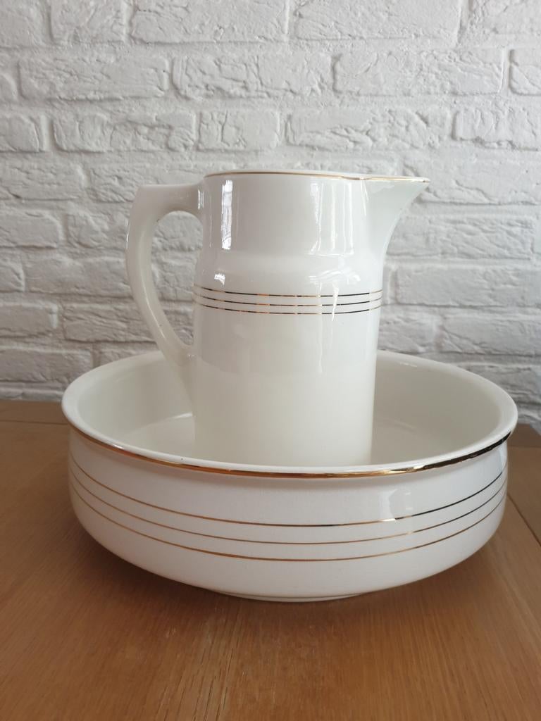 (T) 2-Delig Lampetset. Kom en kan. Wit/goud. Ditmar Urbach., Antiek en Kunst, Ophalen of Verzenden