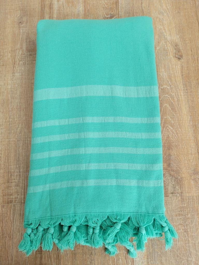 Nieuw! Hamamdoek turquoise met streep & franjes 180x100cm, Huis en Inrichting, Ophalen of Verzenden, Nieuw