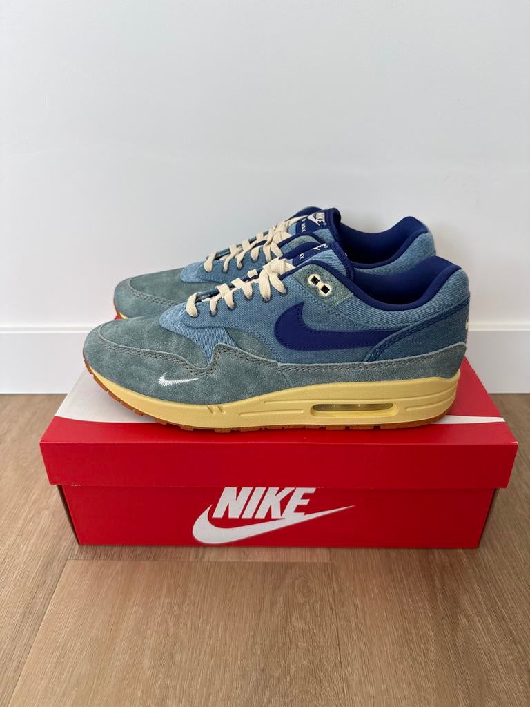 Nike Air Max 1 PRM Dirty Denim, Kleding | Heren, Schoenen, Ophalen of Verzenden, Zo goed als nieuw, Blauw, Sneakers of Gympen