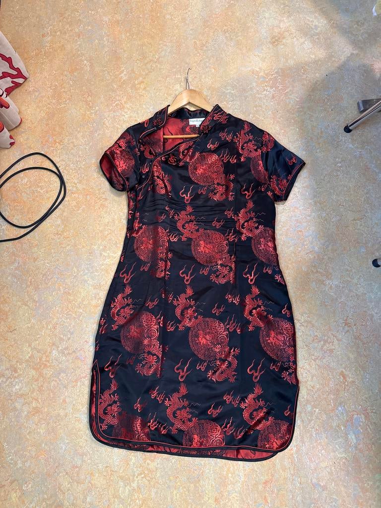 Vintage Chinese Draken Jurk - Cheongsam Stijl, Zwart, Maat 42/44 (L), Ophalen of Verzenden, Zo goed als nieuw