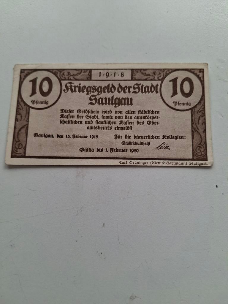 Oorlogsgeld 10 pf stad Saulgau 1918., Ophalen of Verzenden, Overige soorten, Duitsland, Overige typen