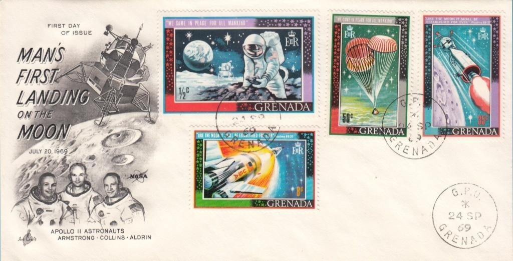 Ruimtevaart blanco FDC Maanlanding 1969 uit Grenada, Postzegels en Munten, Ophalen of Verzenden, Envelop