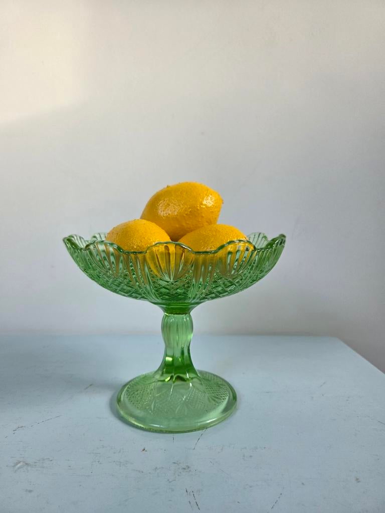 Vintage groene schaal op voet met 5 kunst citroentjes, Ophalen of Verzenden