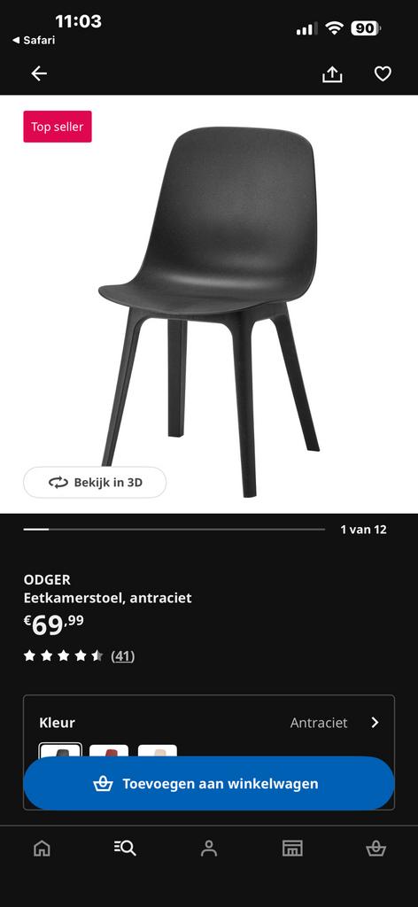 IKEA Odger eetkamerstoel, antraciet, Huis en Inrichting, Ophalen, Zo goed als nieuw, Grijs, Eén