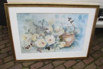 Mooi Geschilderd Aquarel 'Bloemen en Ketel' - gesigneerd beschikbaar voor biedingen