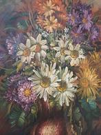 Franse brocante olieverf schilderij bloemen boeket stilleven, Ophalen of Verzenden
