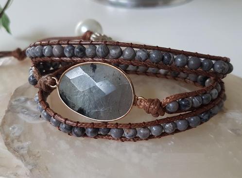 Handgeslepen Labradoriet Edelsteen Wikkel -Armband, Sieraden, Tassen en Uiterlijk, Armbanden, Nieuw, Overige materialen, Grijs
