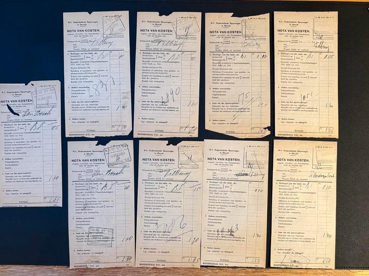 9 nota’s van onkosten douaneformaliteiten Roosendaal (1939), Verzamelen, Spoorwegen en Tramwegen, Gebruikt, Trein, Ophalen of Verzenden