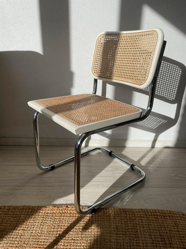 Marcel Breuer Cesca Thonet Stijl Buizenframe Stoel Rotan, Huis en Inrichting, Stoelen, Gebruikt, Eén, Metaal, Riet of Rotan, Wit