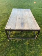 Teak hout salontafel met metalen onderstel, Ophalen, Gebruikt, Eikenhout, 50 tot 100 cm