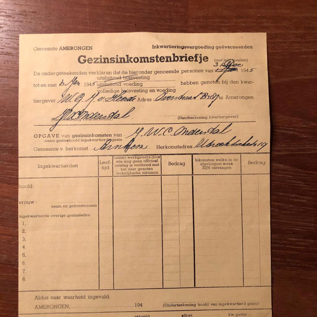 1944 Evacuatie Arnhem/Amerongen. gezinsinkomstenbriefje  van, Verzamelen, Militaria | Tweede Wereldoorlog, Verzenden, Nederland