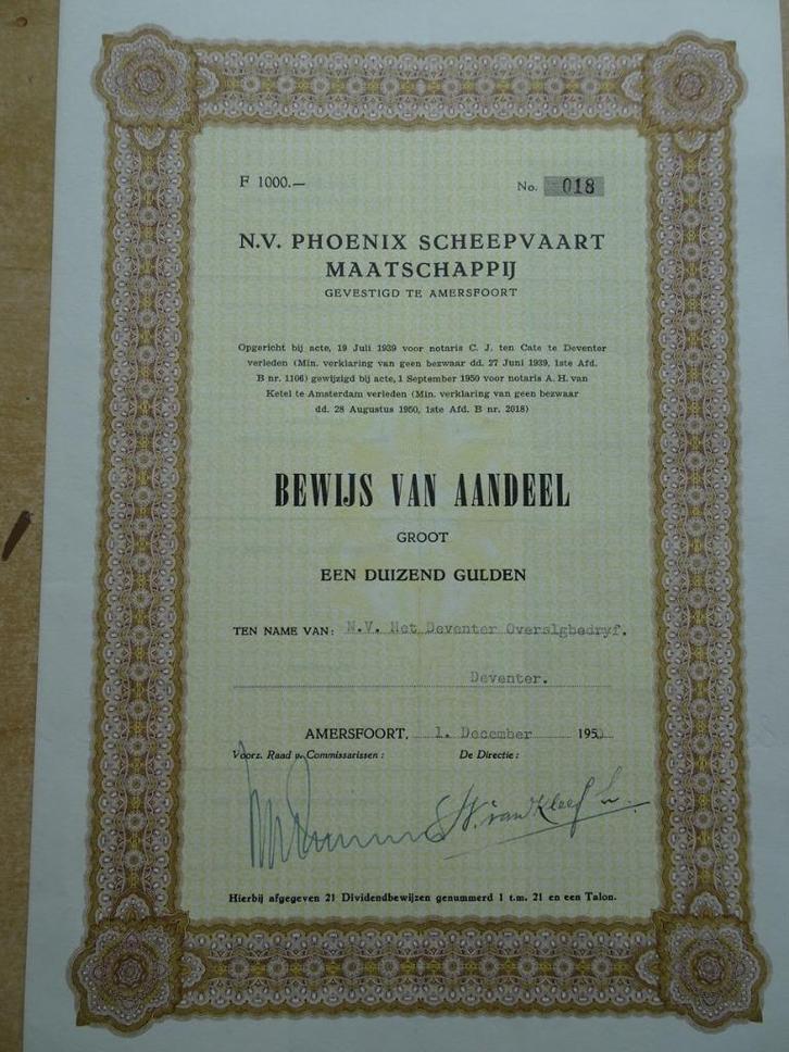 Aandeel Phoenix Scheepvaart Ma, te Amersfoort+ 3 bijlagen, Postzegels en Munten, Aandelen en Waardepapieren, Aandeel, 1970 tot heden