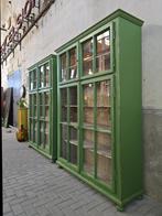 XL Vintage Houten Vitrinekast Groen | Grote Vitrine Kast, Antiek Retro Vintage Brocante Landelijk, 200 cm of meer, 150 tot 200 cm