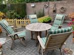 Houten tuintafel met stoelen en kussens., Tuin en Terras, Tuinsets en Loungesets, Ophalen, 4 zitplaatsen, Gebruikt, Tuinset