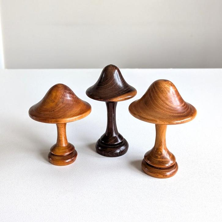 3 vintage handgemaakte paddenstoelen van hout., Antiek en Kunst, Kunst | Beelden en Houtsnijwerken, Ophalen of Verzenden