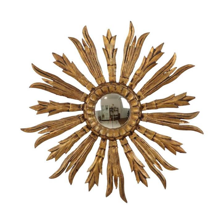 Oude Houten Zonnespiegel Sunburst Spiegel Goud Fifties 70cm, Huis en Inrichting, Woonaccessoires | Spiegels, Gebruikt, 50 tot 75 cm