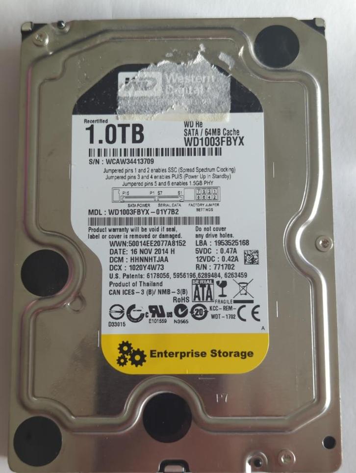 WDC WD1003FBYX WD-WCAW34413709 Western Digital RE4 1TB Hardd, Computers en Software, Harde schijven, Gebruikt, Desktop, Ophalen of Verzenden
