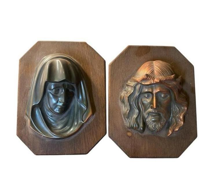 Antieke Religieuze Wanddecoraties - Maria & Jezus Set, Antiek en Kunst, Antiek | Religie, Ophalen of Verzenden