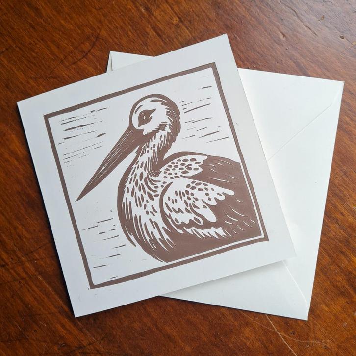 Dubbele wenskaart 15x15 cm. met envelop ooievaar, linosnede, Diversen, Wenskaarten, Nieuw, Ophalen of Verzenden