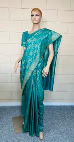 Saree (Katan) Met blouse   turkooise kleur, Ophalen of Verzenden, Zo goed als nieuw, Overige typen
