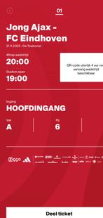 Jong ajax fc eindhoven, Tickets en Kaartjes, Seizoenskaart, Eén persoon, November
