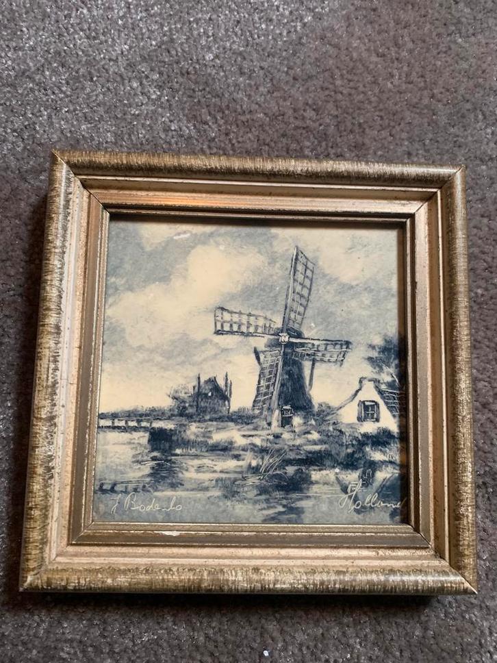 Antiek blauwwit tegel met molen en boerderijen, Antiek en Kunst, Kunst | Schilderijen | Klassiek, Ophalen of Verzenden