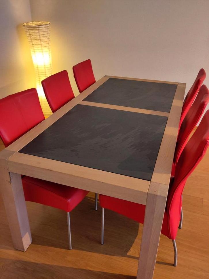 Koopje! Unieke wit eiken tafel met massief leistenen inzet, Huis en Inrichting, Tafels | Eettafels, Zo goed als nieuw, 50 tot 100 cm