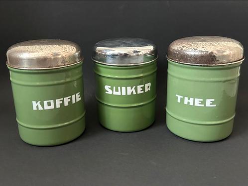 Groen Emaille Koffie, Thee & Suiker Bus, Antiek en Kunst, Antiek | Emaille, Ophalen of Verzenden