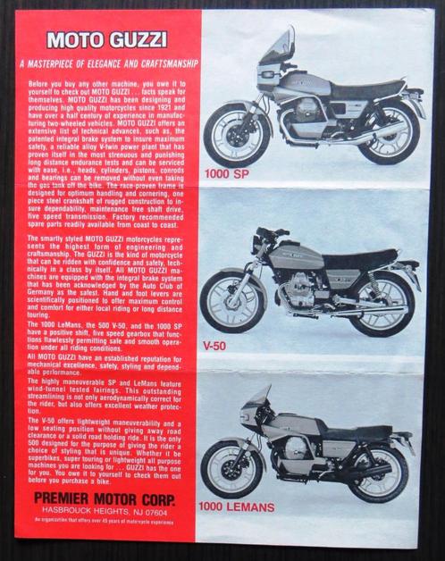 Folder Moto Guzzi 1000SP - V50 - 1000 le Mans - 1978 (USA), Motoren, Handleidingen en Instructieboekjes, Moto Guzzi, Verzenden