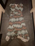 Turquoise jurk met bruine print - Musthave & Ella - L/XL, Blauw, Maat 42/44 (L), Ophalen of Verzenden, Knielengte