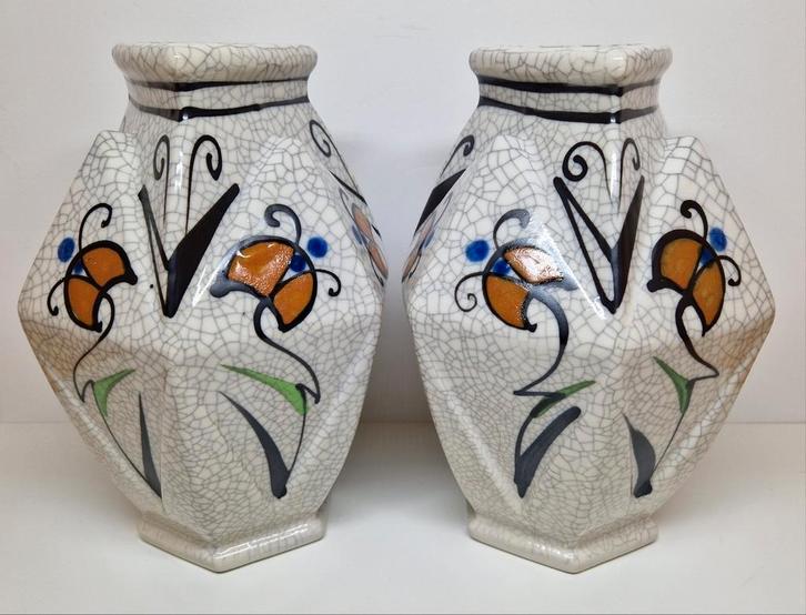 Art Deco stijl hexagonale craquelé vazen Nederland., Antiek en Kunst, Antiek | Keramiek en Aardewerk, Ophalen of Verzenden