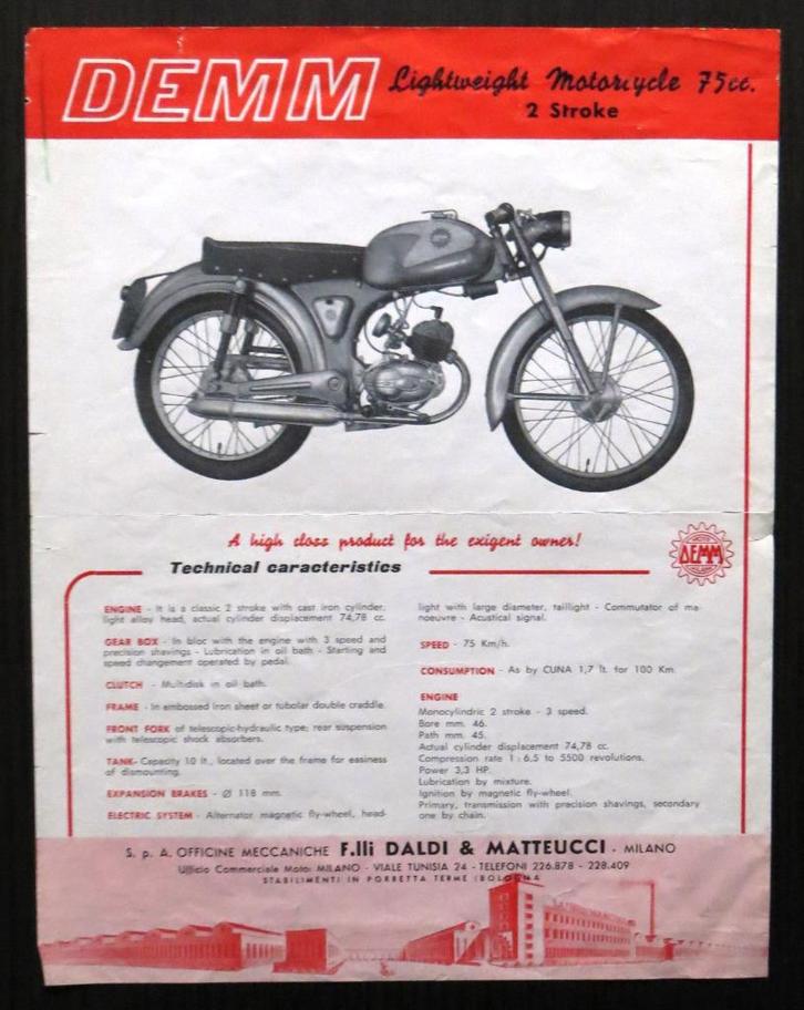 Originele folder DEMM 75 cc (Engels/Frans) - 1962, Motoren, Handleidingen en Instructieboekjes, Overige merken, Verzenden