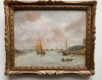 Schilderijtje zeilscheepje en roeiboot, Antiek en Kunst, Ophalen of Verzenden