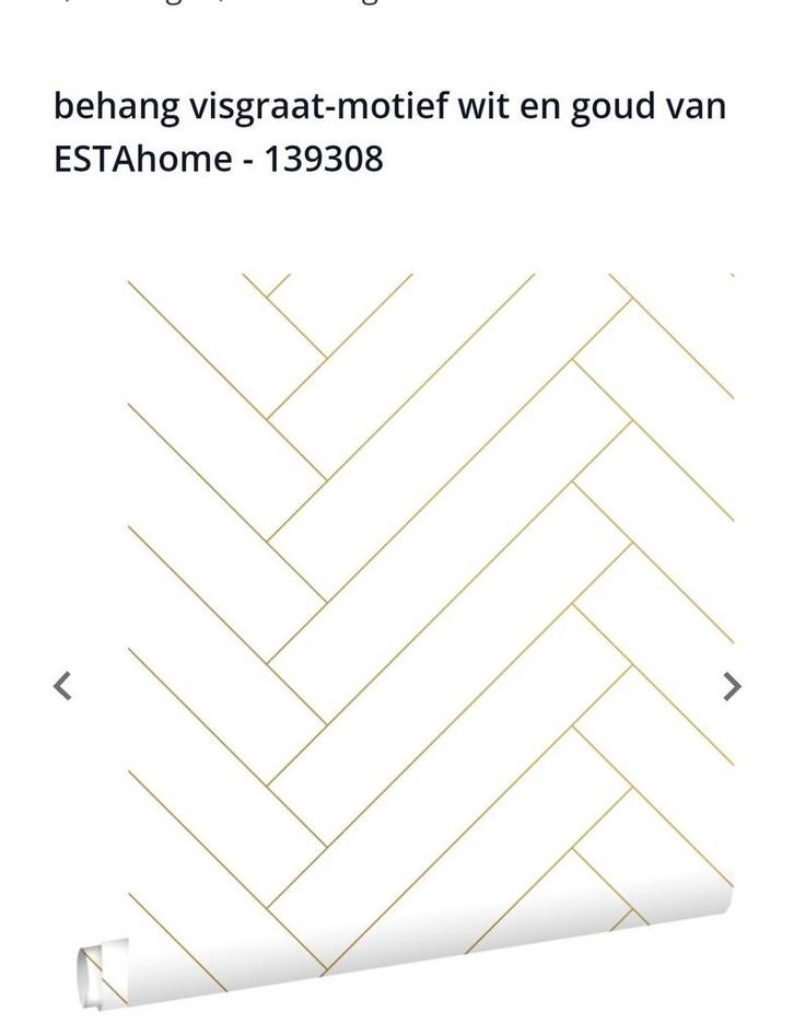 ESTAhome Behang Visgraat Wit/Goud - 4 Rollen, Huis en Inrichting, Stoffering | Behang, Wit, Geel, 10 tot 25 m², Ophalen of Verzenden
