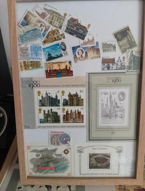 Ingelijste postzegelcollectie - Diverse landen en thema's, Postzegels en Munten, Postzegels | Nederland, Gestempeld, Na 1940, Ophalen of Verzenden