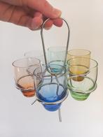 Vintage gekleurde borrelglazen in houder, Ophalen of Verzenden, Zo goed als nieuw, Borrel- of Shotglas