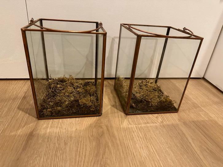 Set van 2 kandelaars/windlichten, Huis en Inrichting, Woonaccessoires | Kandelaars en Kaarsen, Zo goed als nieuw, Kandelaar, Minder dan 25 cm