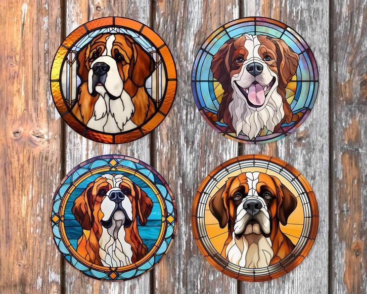 Sint Bernard Glas in Lood onderzetters met houder rond, Huis en Inrichting, Woonaccessoires | Onderzetters, Nieuw, Glas of Kopje