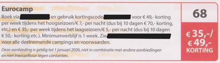 Eurocamp. € 35,- / € 49,- korting. Postcodeloterij bon nr 68, Tickets en Kaartjes, Kortingen en Cadeaubonnen, Drie personen of meer