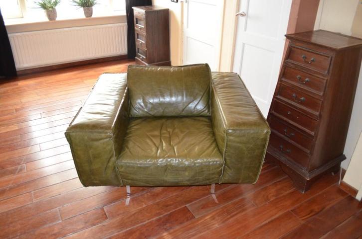 Prachtige Fauteuil, hocker en 4 zitsbank, Huis en Inrichting, Banken | Complete zithoeken, Zo goed als nieuw, Leer, Metaal, Ophalen