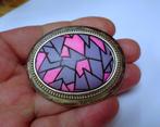 Ovaal broche paars roze abstracte figuren, Verzenden, Gebruikt, Paars, Overige materialen