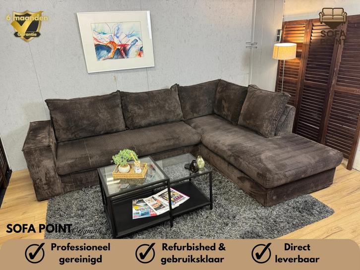 GRATIS LEVERING Ruime Bruine Ribstof Hoekbank, Huis en Inrichting, Banken | Bankstellen, Zo goed als nieuw, Vierpersoons of meer