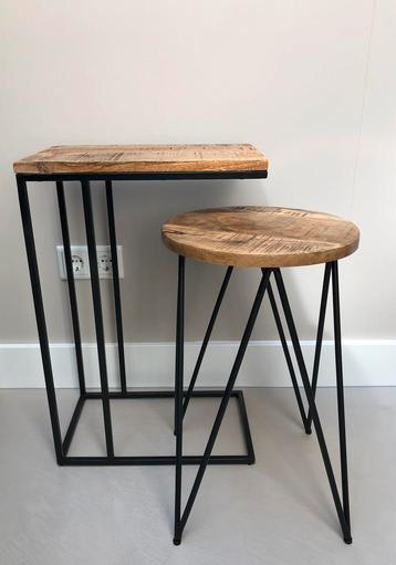 Loods5 Set Bijzettafels Rond/Laptoptafel Staal/Mangohout beschikbaar voor biedingen