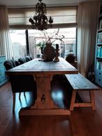 Robuuste houten kloostereettafel met bank en evt 4 stoelen, Huis en Inrichting, Tafels | Eettafels, 200 cm of meer, Landelijk