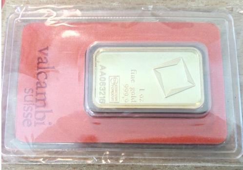 Goud Valcambi 1 oz - Fine Gold Assay Certificate 999.9 Au, Postzegels en Munten, Edelmetalen en Baren, Goud, Ophalen of Verzenden