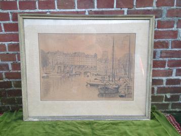 Antieke gravure, gezicht op Grote kerk, gedateerd 1918. beschikbaar voor biedingen